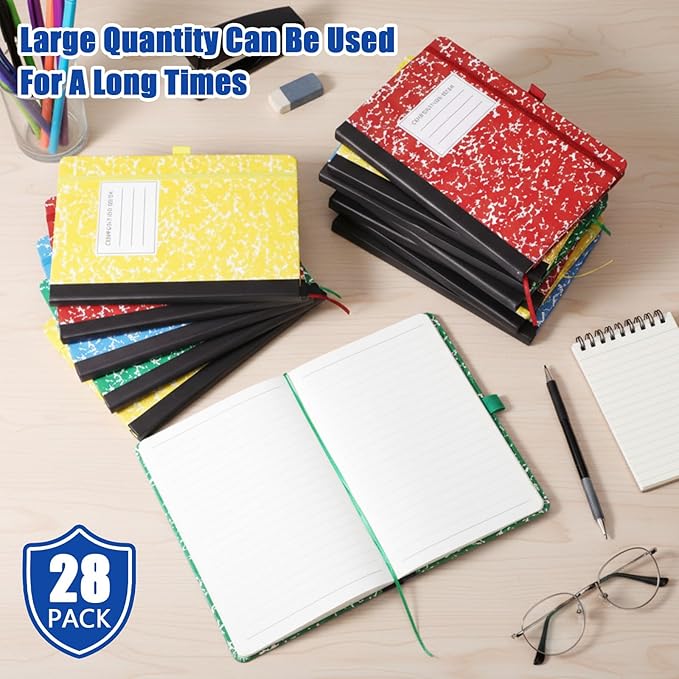 Laumoi 28 Pack PU Leather Lined Notebook Journal Bulk A5 Hardcover Notebook College Ruled 5.5 x 8.2 Inch Journal with Pen Holder for School Business Work Writing (Red, Green, Blue, Yellow,Marble)