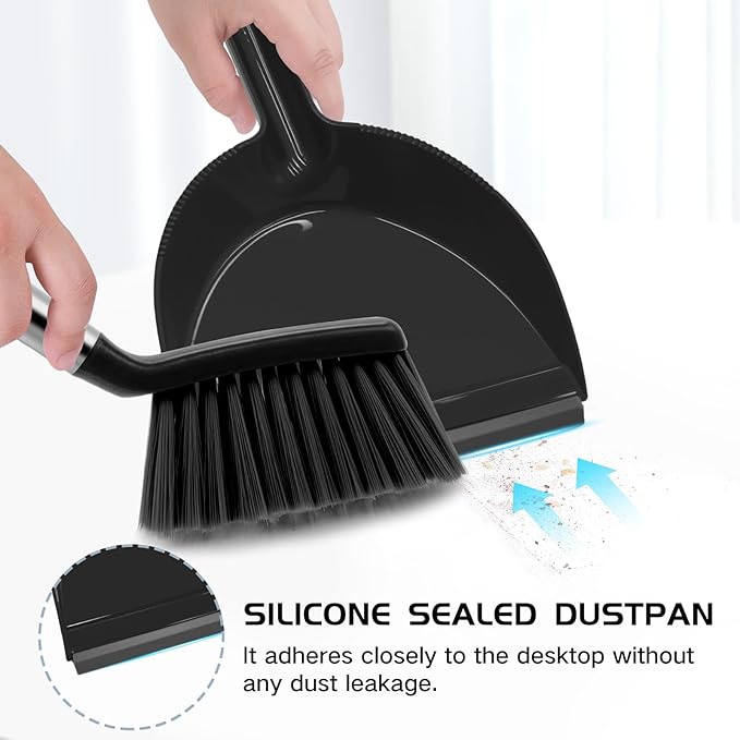 NACENA Mini Broom and Dustpan Set, Small Dust Pan and Brush Set with Handle Dustpan Teeth for Cleaning Hair Suitable for Office Desks Drawers Sofas Outdoor Camping, Black
