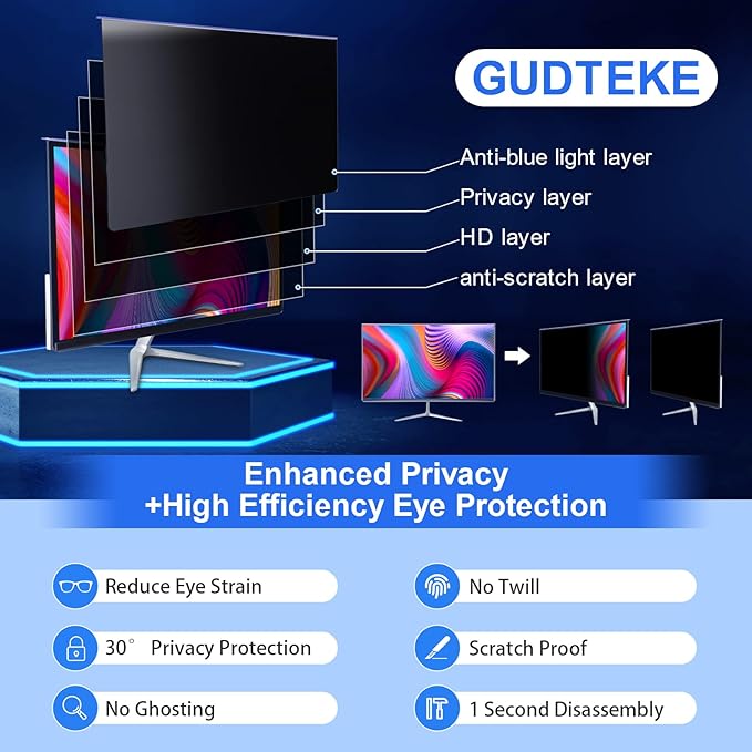 GUDTEKE Computer Privacy Screen Filter 24" Hanging Privacy Screen Protector Compatible Widescreen Computer Monitor with Aspect Ratio 16:9,Anti-Glare Privacy Screen Protector for 23.6" 23.8" Monitor
