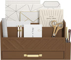 WISUCART Bamboo Desk Organizer Mail Holder Countertop Wood Desk Drawer Tabletop Storage Box Pen Holder Letter Sorter Makeup Organizer for School Home Office Supplies with Pen Holder Brown