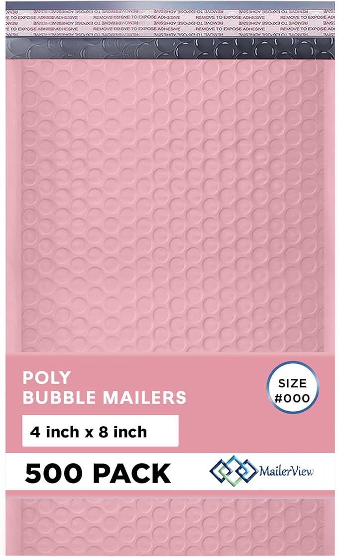 MAILERVIEW Light Pink Small Bubble Mailers 4x8 Inch #000 | Thick Padded Poly Bubble Mailer Envelopes | 500 Pack Bulk | Trading Card Sports Card Shipping