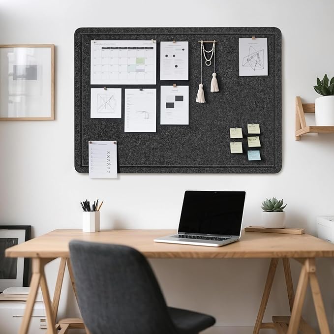 Lightomorrow Bulletin Board, 36 x 24 inches Felt Board - Decorative Pin Board, Cork Board Alternative for Wall, 3' x 2' Foldable Self-Adhesive Vision Board Prayer Board with 20 Pushpins - Dark Gray