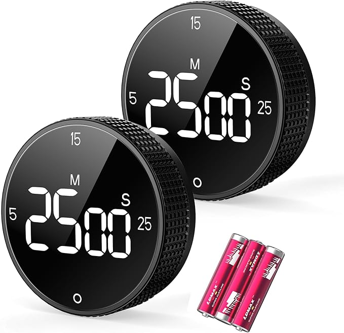 Allbean Digital Kitchen Timer, Large Display Magnetic Countdown Countup Timer, 3 Preset Times (5, 15, 25),Volume & Brightness Adjustable for Cooking Classroom Studying, Easy for Kids (Black,2Pcs)