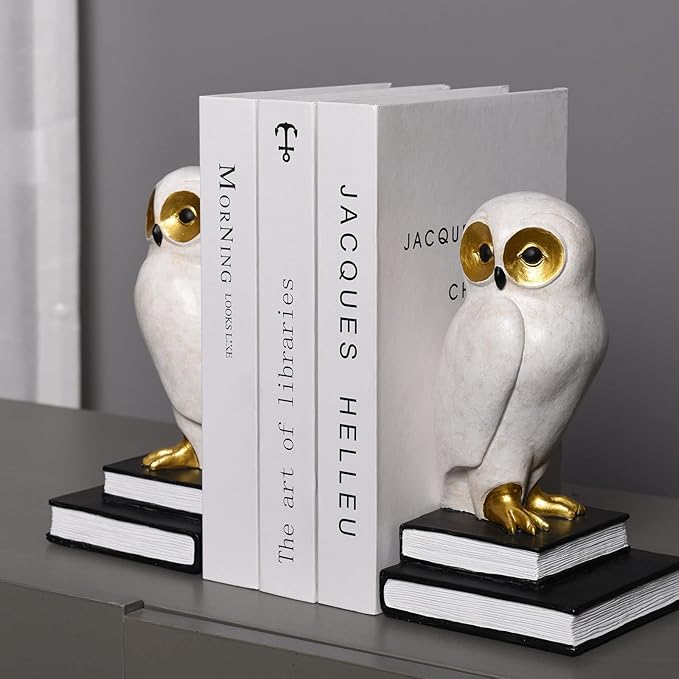 Kakizzy Book Ends for Shelves, Owl Decorative Bookends Bronze Bird Book Stopper Unique Kids Book Holders with Anti-Slip Base Luxurious Bookends for Kids Rooms Office Home Decor(White)