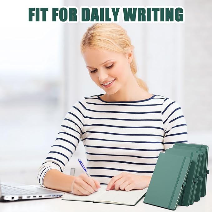 Laumoi 28 Pack PU Leather Lined Notebook Journal Bulk A5 Hardcover Notebook College Ruled 5.5 x 8.2 Inch Journal with Pen Holder for School Business Work Writing(Green,Simple)