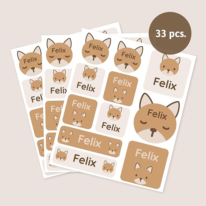 Large Name Labels for Kids (33) - Custom Stickers for Daycare and School Supplies - Durable, Waterproof Stickers for Water Bottles, Lunch Boxes, and More with Unique Designs - Fox