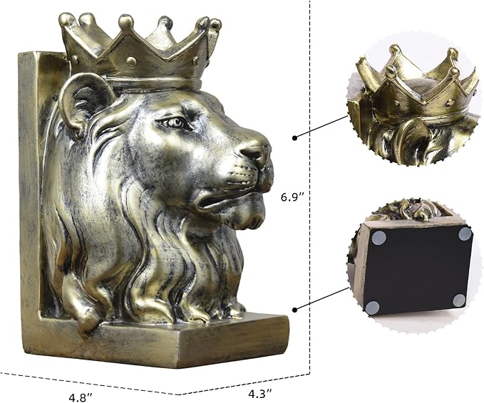 Kakizzy Vintage Gold Lion Book Ends,Animal Decorative Bookends,Resin Book Holder,Luxurious Book Ends for Shelves Rooms Office Home Decor,Unique Book Lover Gift(Gold Lion)