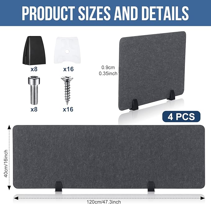 Yaomiao 4 Pack Acoustic Desk Divider Soundproof Desk Privacy Panel Freestanding Partitions Sound Absorbing Divider for Office Reduce Noise and Visual Distractions 47.3" x 16"(Dark Gray)