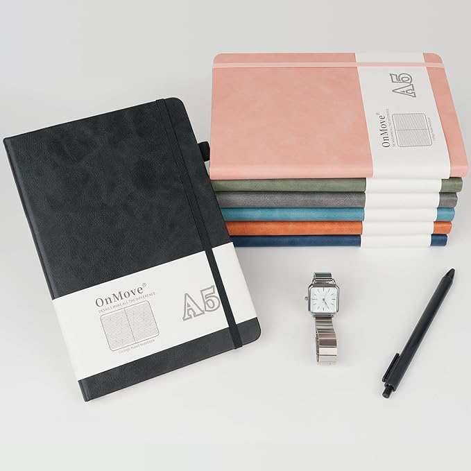 OnMove Notebooks Journal for Women Men 12 Pack Bulk Leather Hardcover with Pen Holder A5 160 Pages 100 GSM Thick Paper for Work School Lined Black