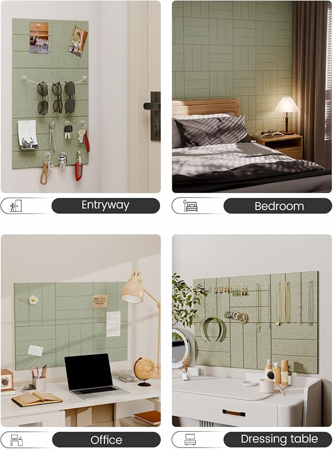 Fluxynara Felt Bulletin Board Tiles -28"x18" with 40 Adhesive Tabs, Cork Board Alternative for Office Decor, Push Pin Board Wall Organizer 6-Pack (Sage)