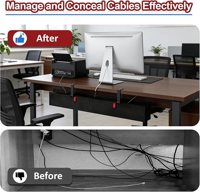 Under Desk Cable Management Tray, 36" Cord Organizer for Table, Clamp/Screw Mount Desk Cable Management, Premium Fabric Cable Management Tray for Office, Home