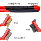 YiwerDer 6Pcs Mini Wire Brush Set, Stainless Steel/Brass/Nylon Bristles Wire Brushes, Curved Handle Soft Grip for Rust, Dirt & Paint Scrubbing with Deep Cleaning – 7 Inches (Red)
