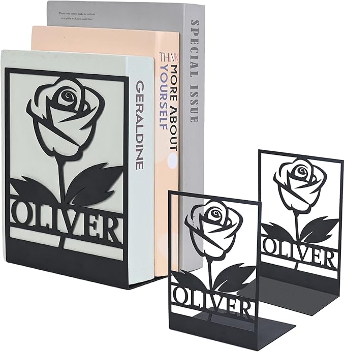 Personalized Floral Decorative Book Ends, Heavy Duty Bookends for Shelves, Non-Slip Book Stopper, Metal Modern Bookshelf Decor for Home Office Study Room, Book Lovers Gift Color04