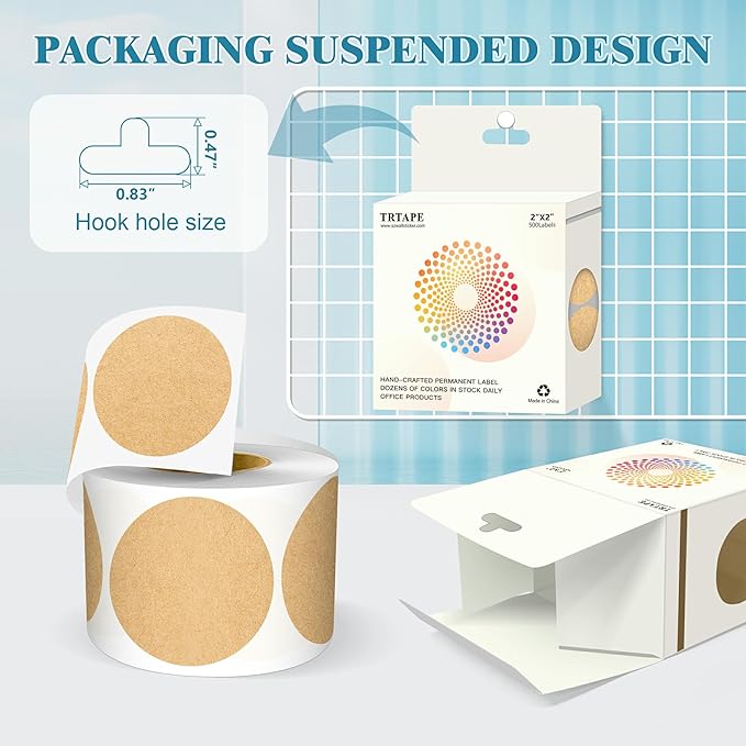 2 Inch Round Color Coding Labels (500 Count) - Kraft Brown Dot Stickers Circle Labels with Dispenser Box for Warehouse, Filing, Industrial, Office Organization
