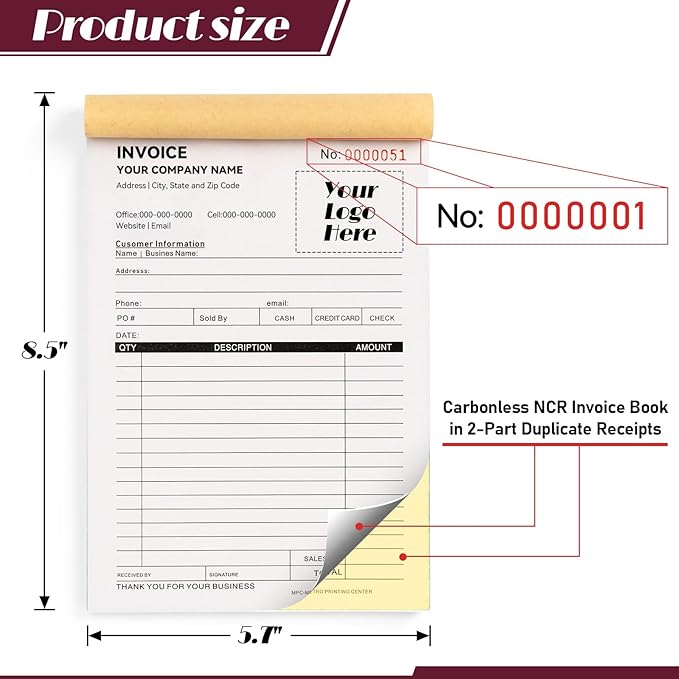 100 Sets Custom 5.7" X 8.5" Invoice Receipt Book, Personalized Duplicate Carbonless Form with Logo/Text, Paper 2-Part/3-Part in Bulk Purchase Orders, Sales Orders, Price Forms (3-Part)
