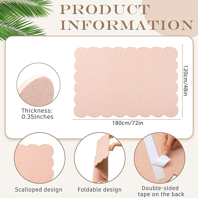 Mooliwe Scalloped Felt Bulletin Board 72 x 48 Inches Foldable Flesh Pink Pin Cork Board Alternative for Wall, 6' x 4' Trifold Picture Vision Self Adhesive Bulletin Decorative