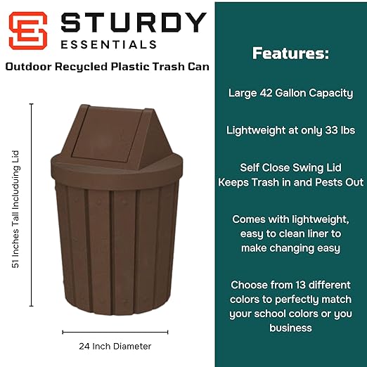 Sturdy Essentials 42 Gallon Round Slatted 100% Recycled Plastic Indoor or Outdoor Commercial Trash Can with Easy Access Swing Top Lid | Great for Schools and Businesses - Brown Granite