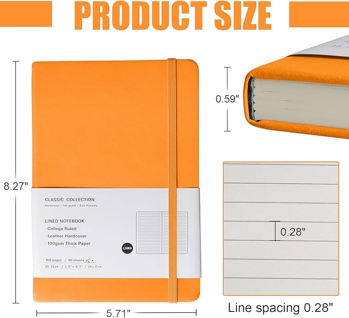 EMOMAS Lined Journal Notebook – Hardcover Notebook for Men & Women – Journals for Writing, Work, School, Home & Daily Notes, 160 Pages – Medium A5, 5.7"x8", 100 gsm Thick Paper (Orange)