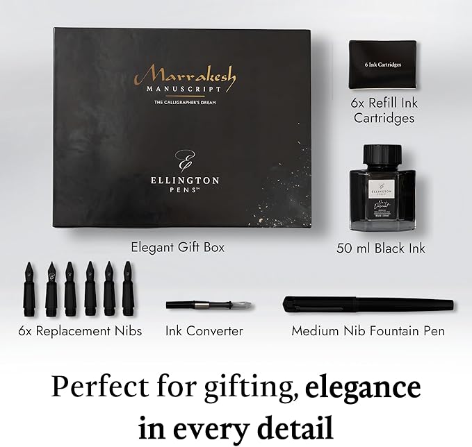 Ellington Pens Luxury Calligraphy Set - Premium Fountain Pen with 6 Nibs, 50 ml Black Ink Bottle, 6 Cartridges, Converter, Elegant Gift Box – Perfect for Drawing, Writing, Gifting (The Stealth)