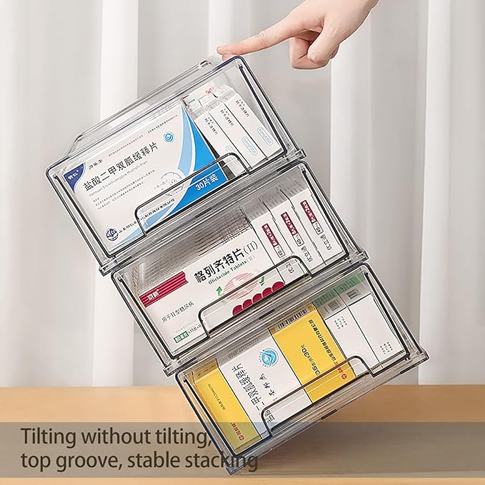 Sgoostood 2 Pack - Clear Pulling Medicine Drawer First Aid Kit Box for Bathroom, Cabinet, Closet,Medicine Organizer, Medicine Storage Box Adhesive Bandages Family Emergency Kit (L drawer)