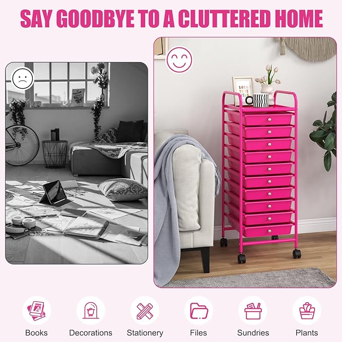 GLACER 10 Drawers Rolling Cart, Storage Cart with w/Removable Drawers & Steel Frame, Utility Mobile Trolley w/Universal Casters & 2 Brakes, Organizer Cart for Home, School, Office (Hot Pink)