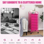 GLACER 10 Drawers Rolling Cart, Storage Cart with w/Removable Drawers & Steel Frame, Utility Mobile Trolley w/Universal Casters & 2 Brakes, Organizer Cart for Home, School, Office (Hot Pink)