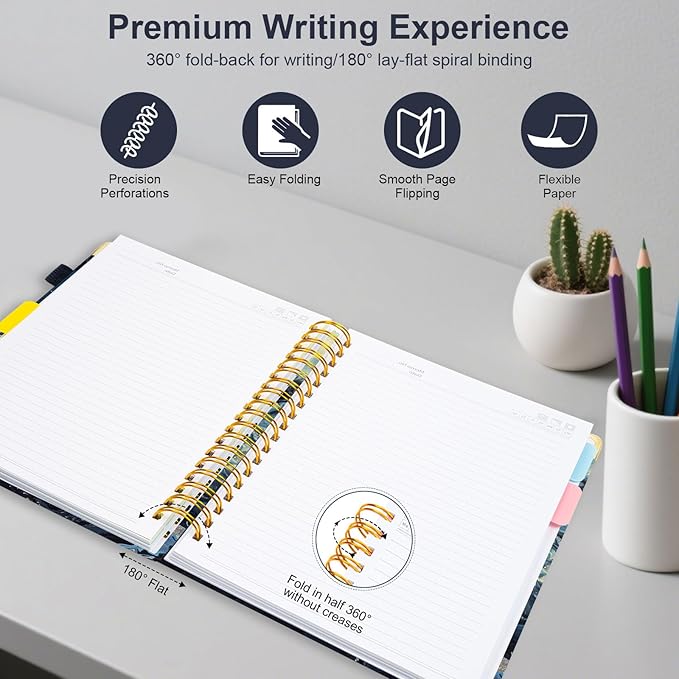 Spiral Journal Notebooks for Work, 300 Pages 5 Subject Notebook College Ruled with Dividers & Tabs, 8''x 10'' Large Notebook Journal for Women Students Note-Taking and Organizer (Navy Marble)