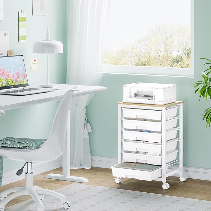 SYKIARIOL Rolling Storage Utility Cart with 6 Drawers and Wooden Tabletop for Under Desk Storage,White