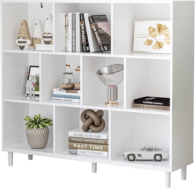 Chyanmoo Wood Cube Storage Organizer White Bookshelf - 3-Tier Freestanding Storage Cabinet with Legs for Home Office, 10-Cubes Open Shelf