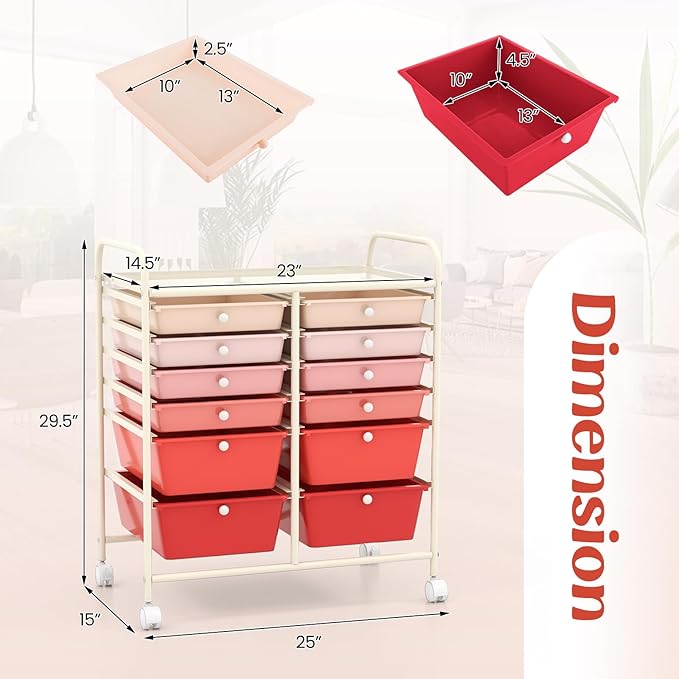 LDAILY 12 Drawer Rolling Storage Cart, Craft Cart Organizer on Wheels w/Metal Frame, Large Capacity & Smooth Drawer, Rolling Cart w/Drawers for Classroom, Office