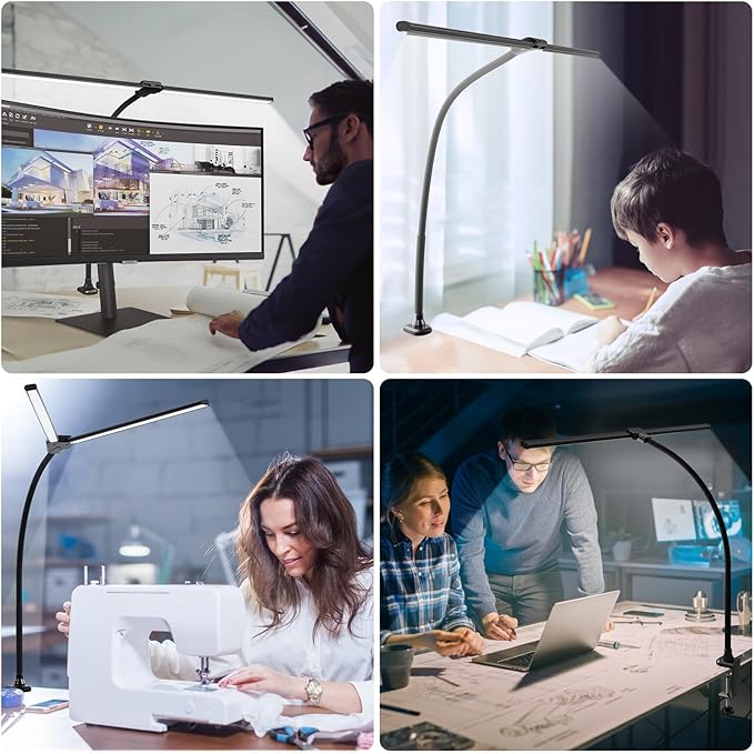 ShineTech LED Desk Lamp for Home Office, 5000K Bright Double Head Architect Task Lamps with Clamp, Dimmable Adjustable Flexible, Black