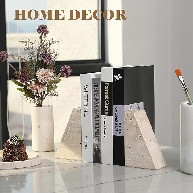 Karibiber Travertine Bookends for Heavy Books, Marble Decorative Bookends for Shelves, Heavy-Duty Stone Book Ends for Hardback Book & Cookbooks, Unique Book Stopper & Holder, Travertino Italy