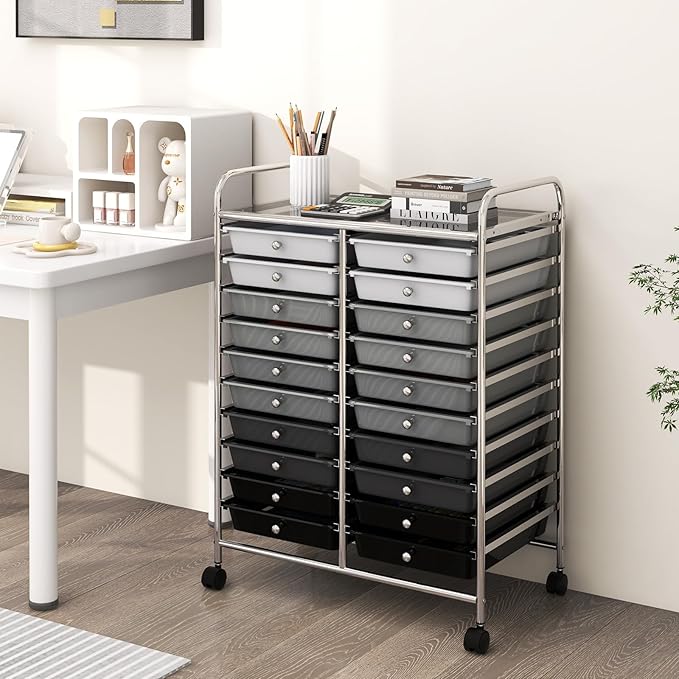 Happygrill 20-Drawer Organizer Cart Tools, Mobile Utility Storage Cart with Removable Drawers & Lockable Wheels, Rolling Storage Cart with wheels for Home Office School (Gradient Grey)