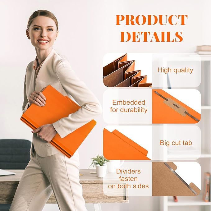 Skyygemm 12 Pcs Classification Folders Letter Size, 3 Divider Pressboard File Folder with Fasteners, Expanding File Organizer Bulk for School Teachers, Office Employee, Coworker, Staff (Orange)