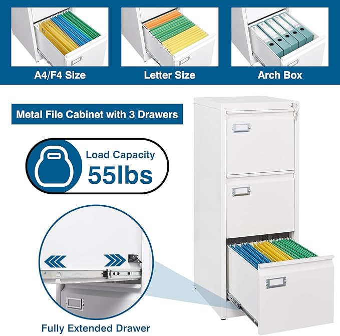 PEUKC 3-Drawer File Cabinet with Lock, 16.3" Deep Vertical Filing Cabinets, Metal File Cabinets for Home Office, Anti-Tip 3 Storage Drawers for Letter/Legal/A4/F4 Size (Assemble Required, White)