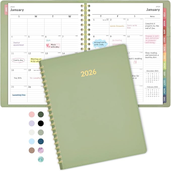 Forvencer 2026 Planner Weekly and Monthly, Jan 2026 -Dec 2026, Vegan Leather Cover Calendar Planner, 8.5" x 11" Agenda with Color Tabs, Inner Pocket, Spiral, 2026 Planner for Office School Supplies
