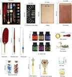 Junhartt Quill Feather Pen and Ink Set, Calligraphy Pen Glass Dip Pen and Wax Seal Stamp Kit (Red)