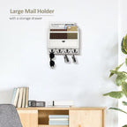 Nekon Mail Organizer with Drawer for Wall, 12"W x 10"H x 3.1"D Mail Sorter Wall Mounted, Wooden Key Holder Wall File Organizer Letter Sorter for Letter Magazines (White)