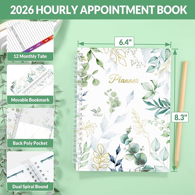 SUNEE 2026 Appointment Book, 2026 Hourly Planner 6.4"x8.3", Hourly, Weekly & Monthly Planner - from January 2026 - December 2026, Flexible Cover, Note Page, Pocket, Bookmark, Leaves
