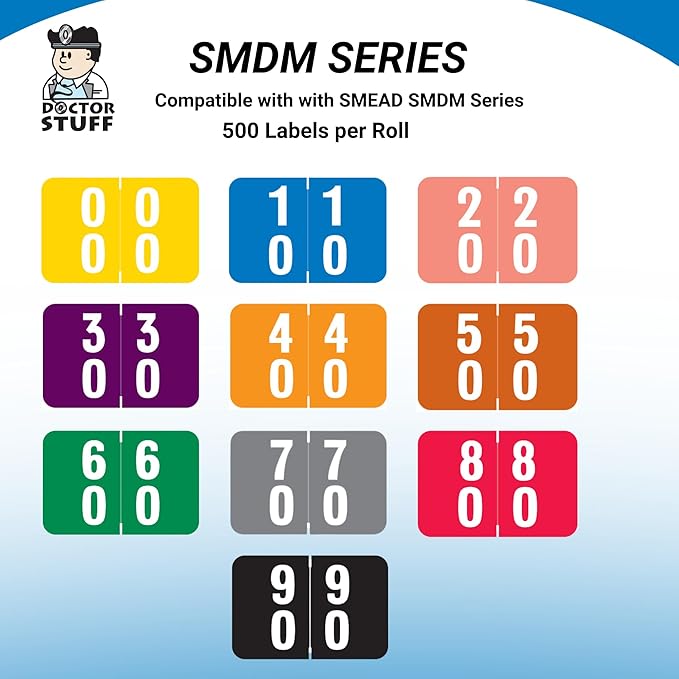 Doctor Stuff - File Folder Labels, Terminal Digit Filing, Consecutive Double Digit Numbers 50-59, Compatible with SMEAD DDS - SMDM Series Chart Stickers, Brown, 1" x 1-1/2", 500/Roll