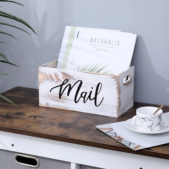 CFYACFY Mail Organizer Countertop Mail and Key Holder for Desk Mail Basket Letter Organizer Caddy Dorm Organizer Rustic Home Decor Mailbox White 5.5*5.5*11.4 Inch
