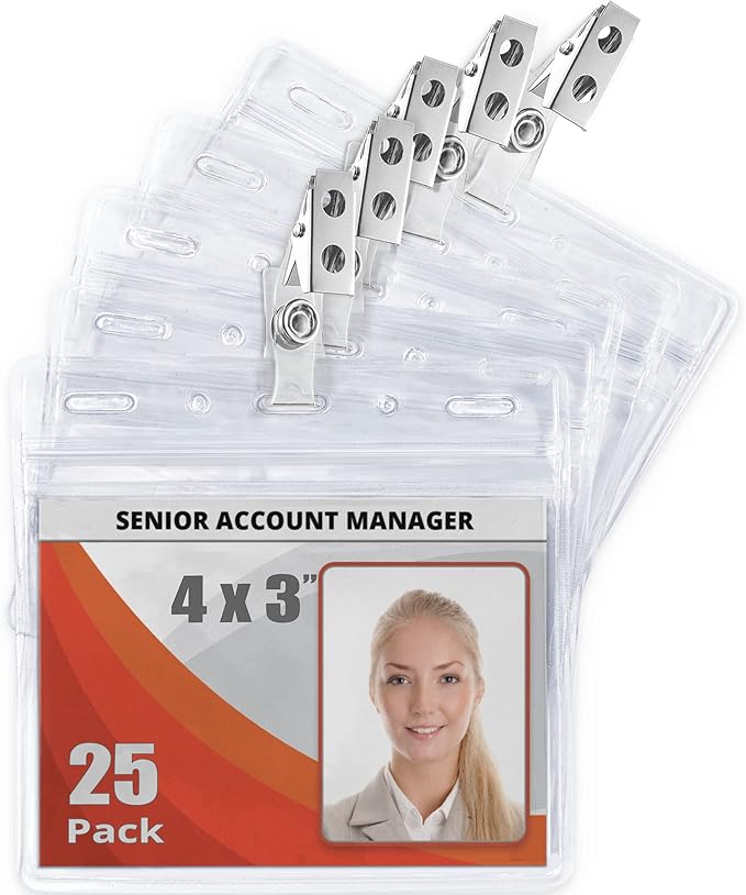 Mifflin-USA Horizontal Card Protector with Metal Clip and Vinyl Straps (Clear, 4x3 Inch, 25 Pack), Waterproof PVC ID Name Badge Holder with Clip