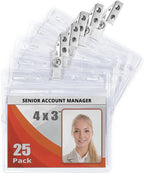 Mifflin-USA Horizontal Card Protector with Metal Clip and Vinyl Straps (Clear, 4x3 Inch, 25 Pack), Waterproof PVC ID Name Badge Holder with Clip