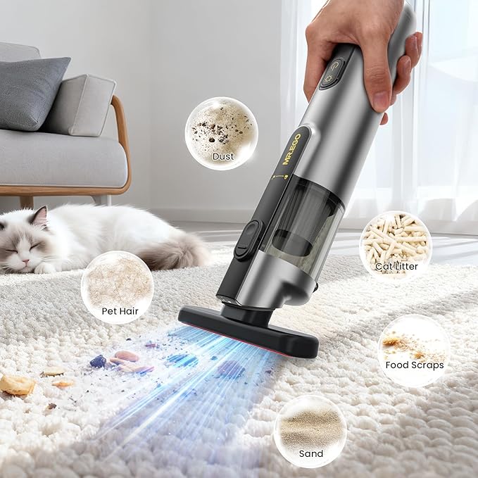 Mr.ego Car Vacuum Cleaner – 100000 RPM Cordless Handheld Vacuum with 20000Pa Suction, 4-in-1 Portable Vacuum Cordless Blower/Inflator, LED Light,Mini Vacuum Cleaner for Car, Office Desk & Home,Silver