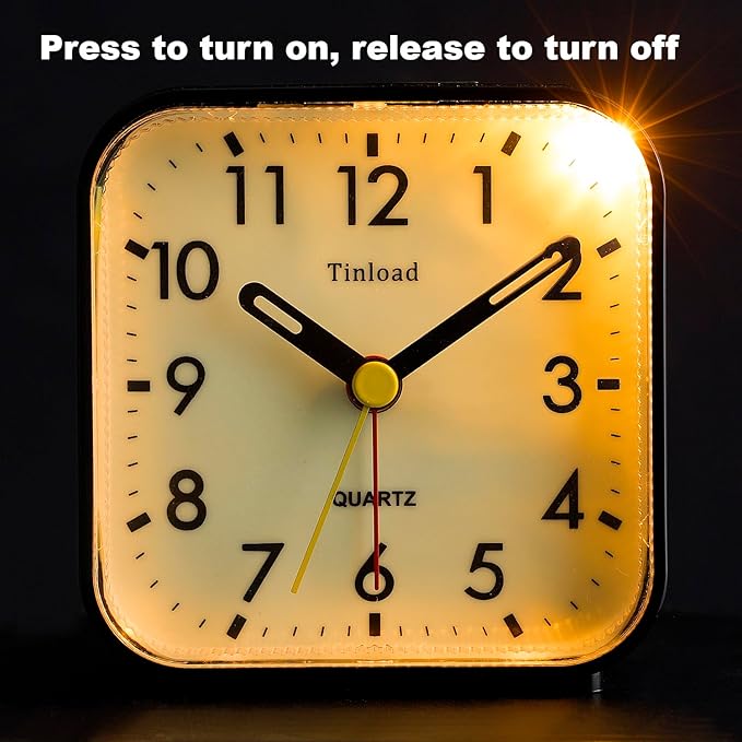 Tinload Small Battery Operated Analog Travel Alarm Clock Silent Non Ticking,Gentle Wake, Ascending Beep Sounds, Snooze,Lighted on Demand, Glow in Dark dial,Easy Set