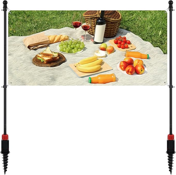 AIHSUMC Outdoor Banner Pole with Ground Stake, 4-Section Stainless Steel Adjustable Banner Stand, Free-Assembly Yard Sign Post for 3–10FT Horizontal Banners, Portable Advertising Display (Hardware Only)