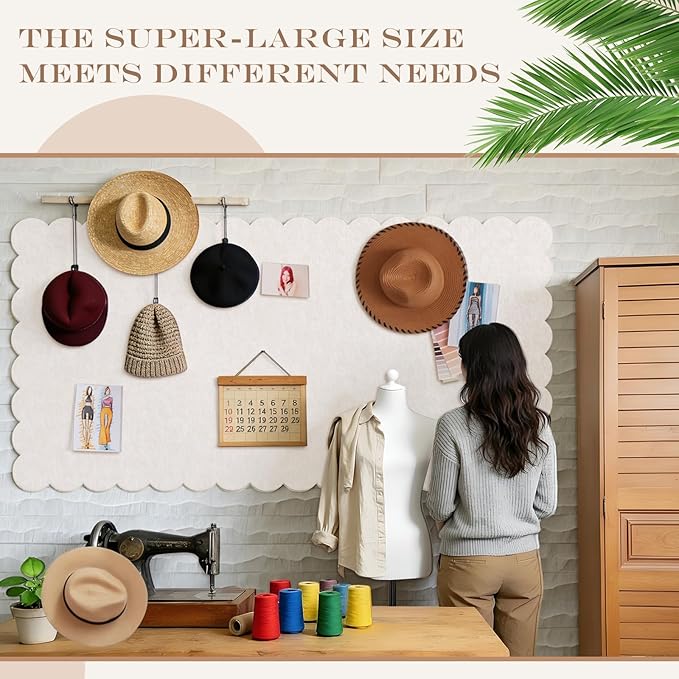 Mooliwe Scalloped Felt Bulletin Board 96 x 48 Inches Foldable Beige Pin Cork Board Alternative for Wall, 8' x 4' Trifold Picture Vision Self Adhesive Bulletin Decorative