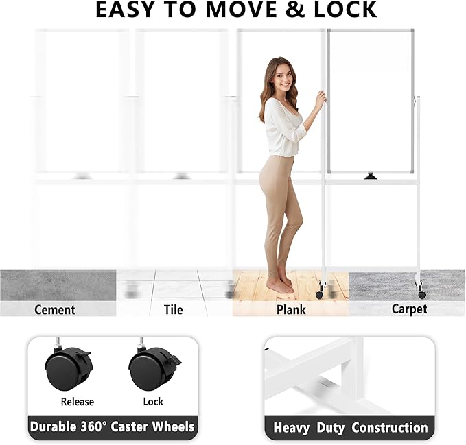 Neatsure Rolling Whiteboard on Wheels, 40" x 24" Double-Sided Mobile Magnetic White Board with Stand, Portable Standing Dry Erase Board Easel for Home Office Classroom School, Silver