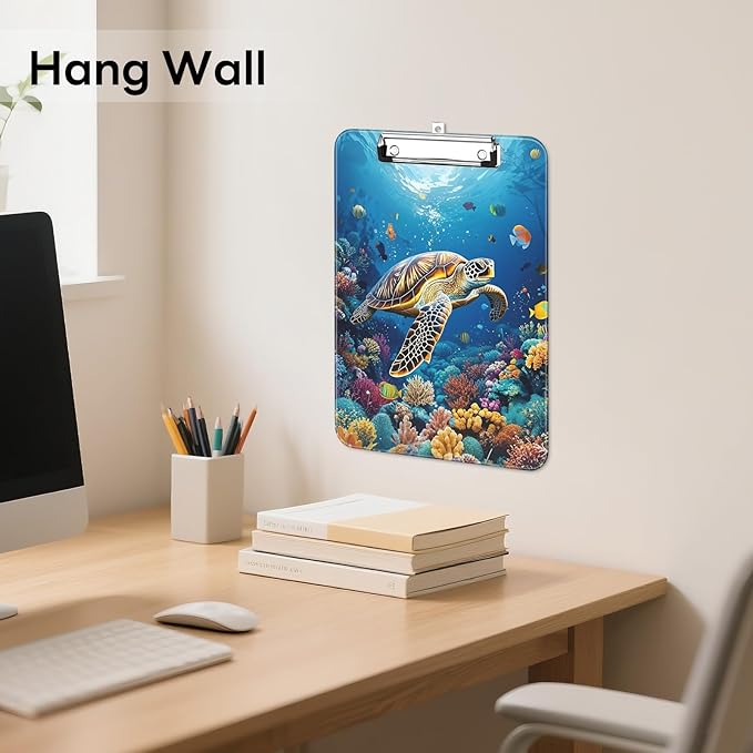 Luminzo Plastic Cute Clipboard Low-Profile Metal Clip, A4 Letter Size 9 x 12.5 in, 8.5 x 11 Paper Clip Board for Teachers, Nurses, Classroom,Sea Turtles