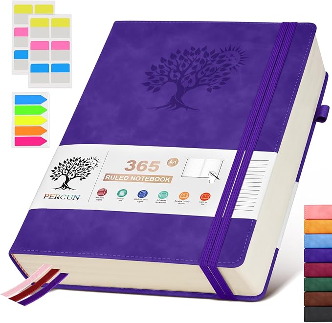 PERCUN A4 Lined Journal Notebook，365 Page Large Leather Journals for Writing Women Men，Hardcover Notebook with 100Gsm Thick Pages for Travel，Work，School，College Ruled, Daily Diary (8.5" x 11.4")